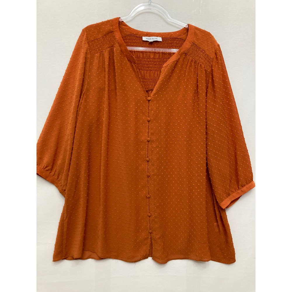 Rose+Olive Button Down Size 1X Rust Orange Swiss Dot Smocked V-Neck Boho Comfy